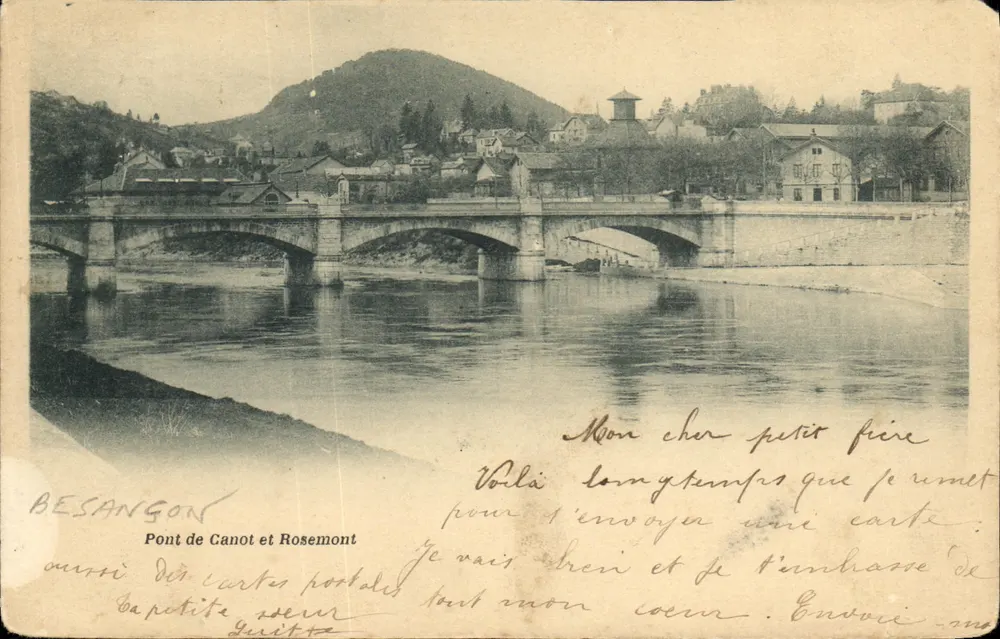 Pont de Canot et Rosemont — vue du pont sur la rivière avec colline en arrière-plan — éditeur BESANGON - Frente