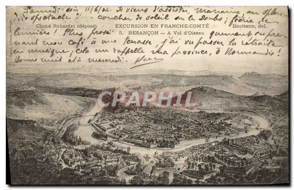 Besançon — A Vol d'Oiseau — Cliché Robardet (déposé) — Editora: Bouttenn, del. - Frente