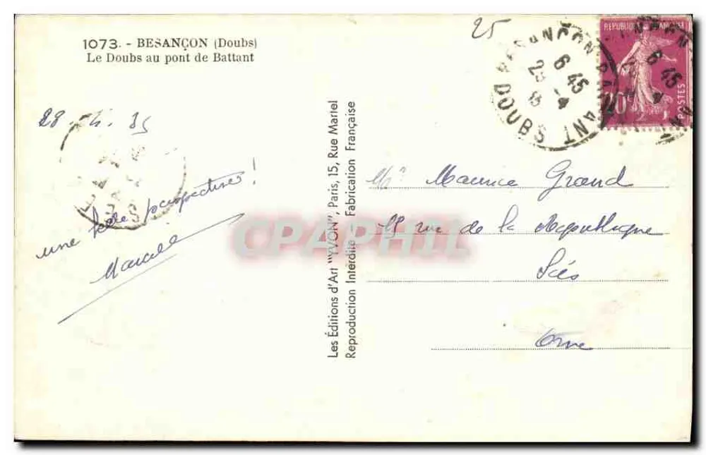 O Doubs no ponte de Battant — Besançon — Edições de Arte 'VYVON', n°1073 - Verso