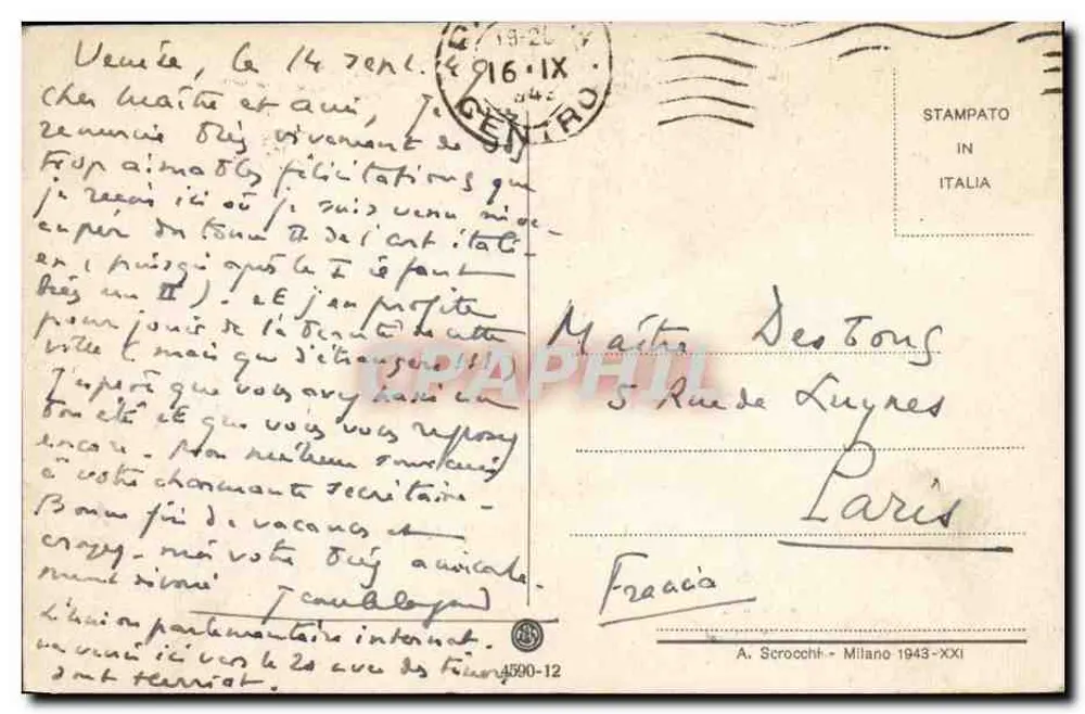Venezia - Piazza S. Marco e Campanile — A. Scroochh - Milano 1943-XXI - Verso