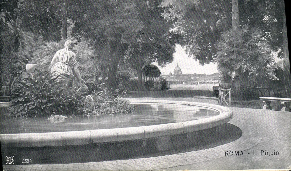 Roma - O Pincio — vista da fonte com estátua e vista do domo — editor A.B. n° 2594 - Frente