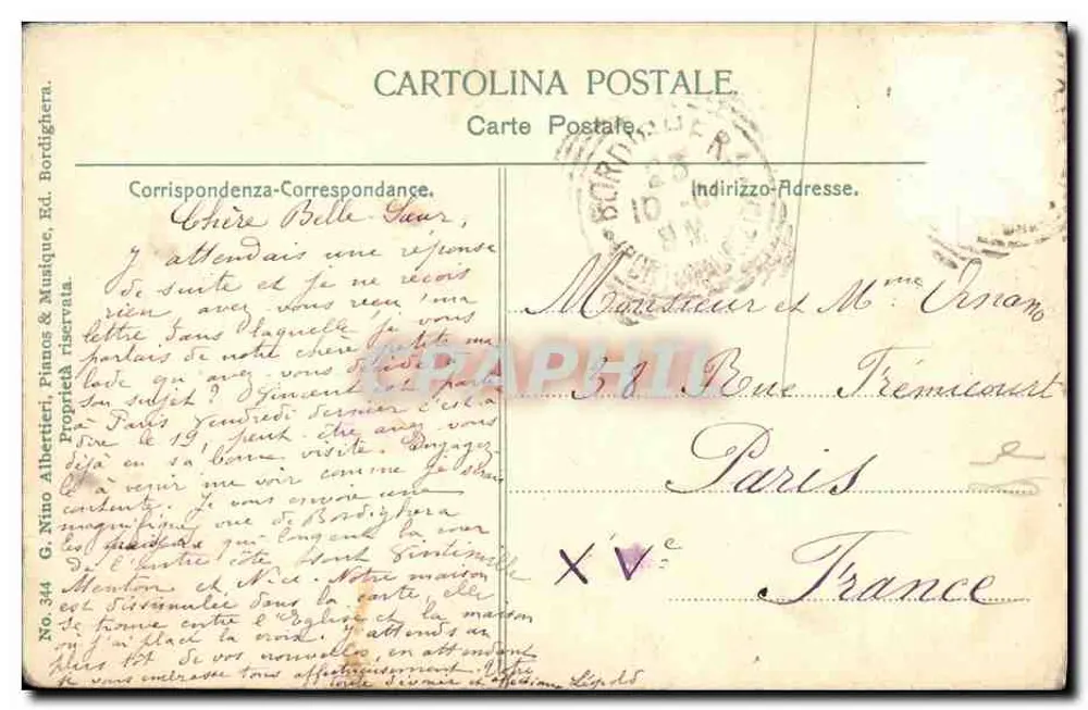 Bordighera — Allgemeiner Blick auf den Borgo Marina — Verlag G. Nino Albertieri, Nr. 344 - Rückseite