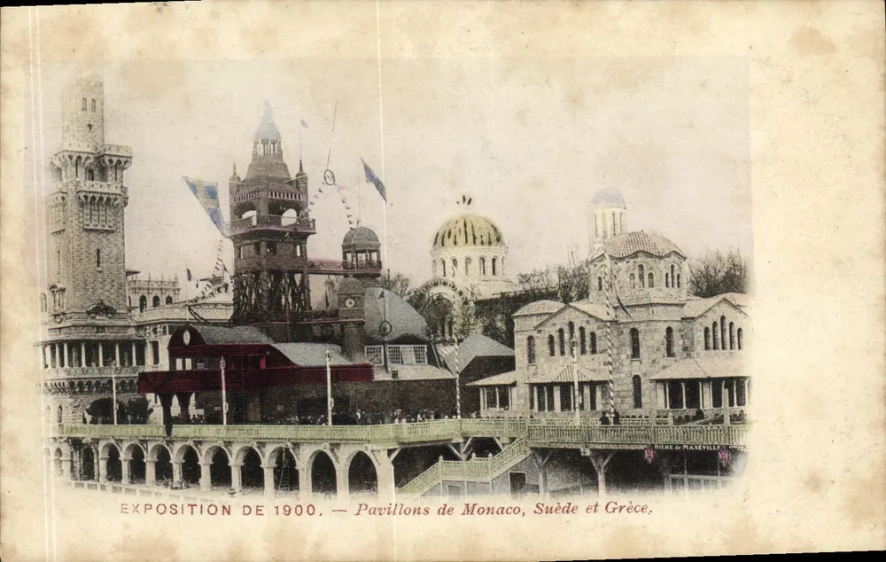 Exposição de 1900 — Pavilhões de Mônaco, Suécia e Grécia — Imprimerie de RAKENVILLE - Frente