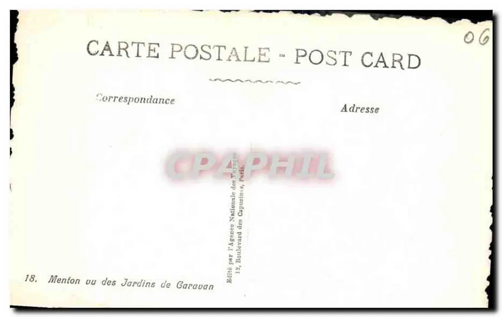 Menton ou dos Jardins de Garavan — vista panorâmica — editada pela Agence Nationale des Capucins, Paris - Verso