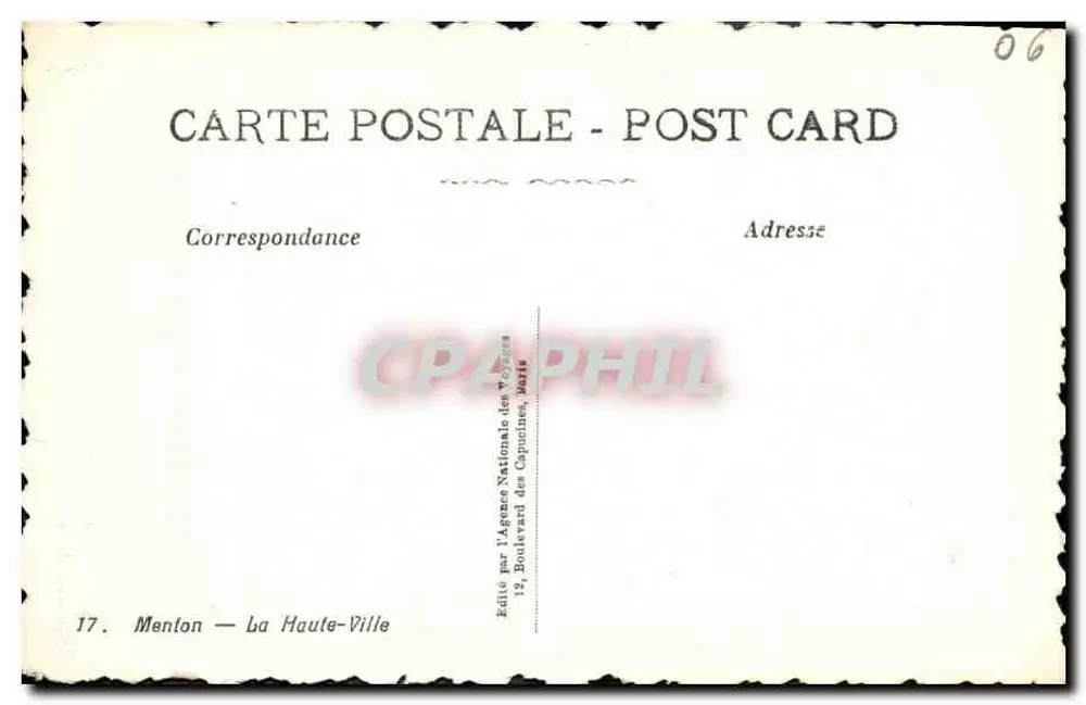 Menton — A Alta Cidade — Editada pela Assembleia Nacional das Capucinas, Paris - Verso
