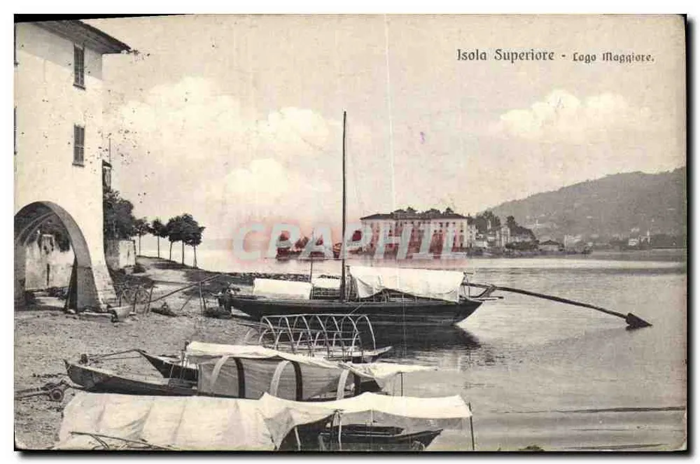 Isola Superiore - Lago Maggiore — vue du lac avec bateaux et édifice à gauche, éditeur Kroupner & C., n° 14620 - Frente