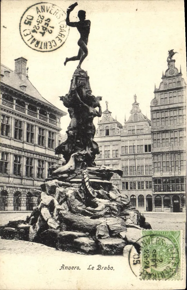 Anvers. A Estátua do Brabo — estátua monumental — editor não visível, número de série ilegível - Frente