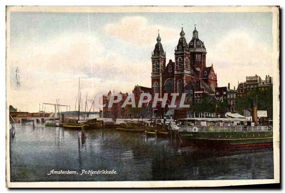 Amsterdam, Pr. Hendrikkade — widok portu z kościołem — wydawca Weenen & Snel - Awers