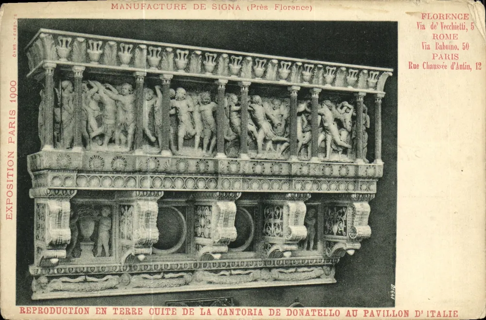 Reproduction en terre cuite de la cantoria de Donatello — au Pavillon d'Italie — Manufacture de Signa (Près Florence) — Exposition Paris 1900 - Frente