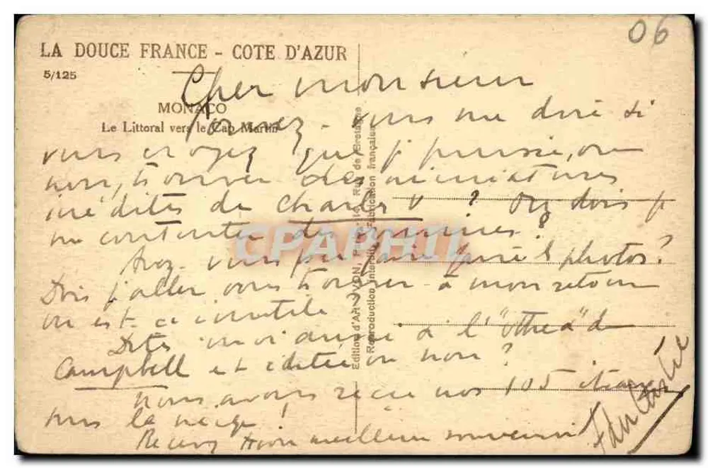 Cap Martin — O litoral em direção a Mônaco — Édition d'Art de Brézane, n°5/125 - Verso