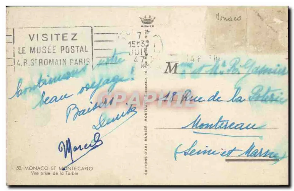 Mônaco — Vista tirada da Turbie — Edições Monnier - Verso