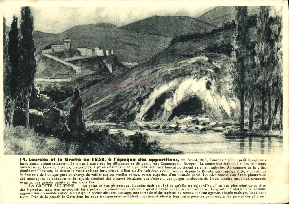 Lourdes und die Grotte im Jahr 1858 — zur Zeit der Erscheinungen — Verlag nicht sichtbar - Vorderseite