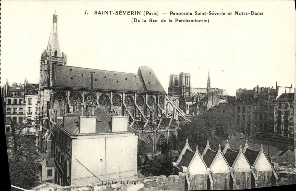 Saint-Séverin (Paris) — Panorama Saint-Séverin e Notre-Dame (Da Rue de la Parcheminerie) — Gliché de Puglisi - Frente