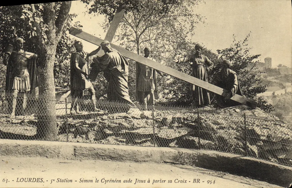 Lourdes - 5. Station - Simon von Cyrene hilft Jesus, sein Kreuz zu tragen - BR - 954 - Vorderseite