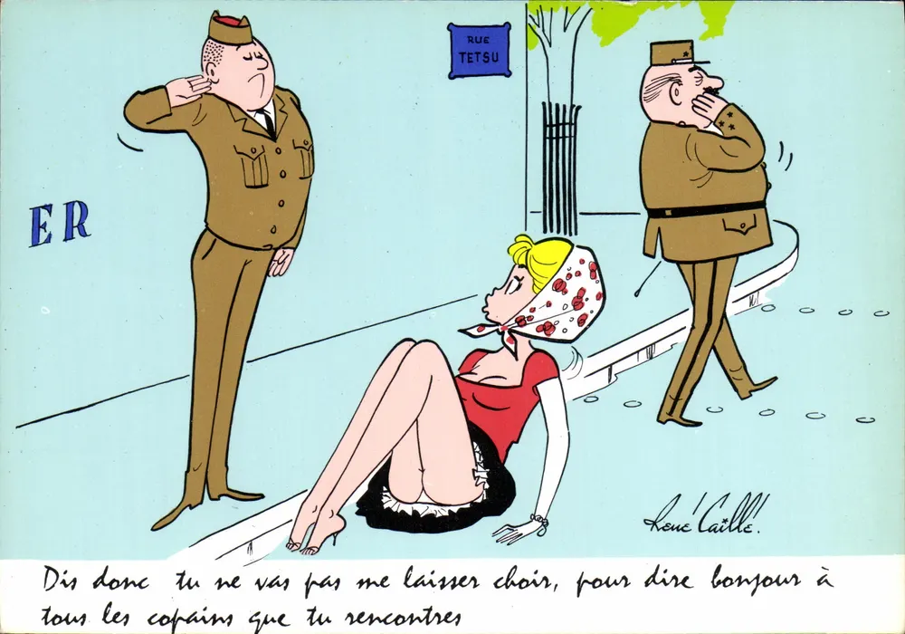 Rua Tetsu — cena humorística com soldados e mulher — desenho de Léon Caillé - Frente