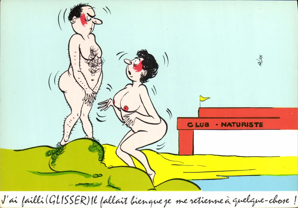 Clube Naturista — caricatura de um casal em situação cômica — Alex - Frente