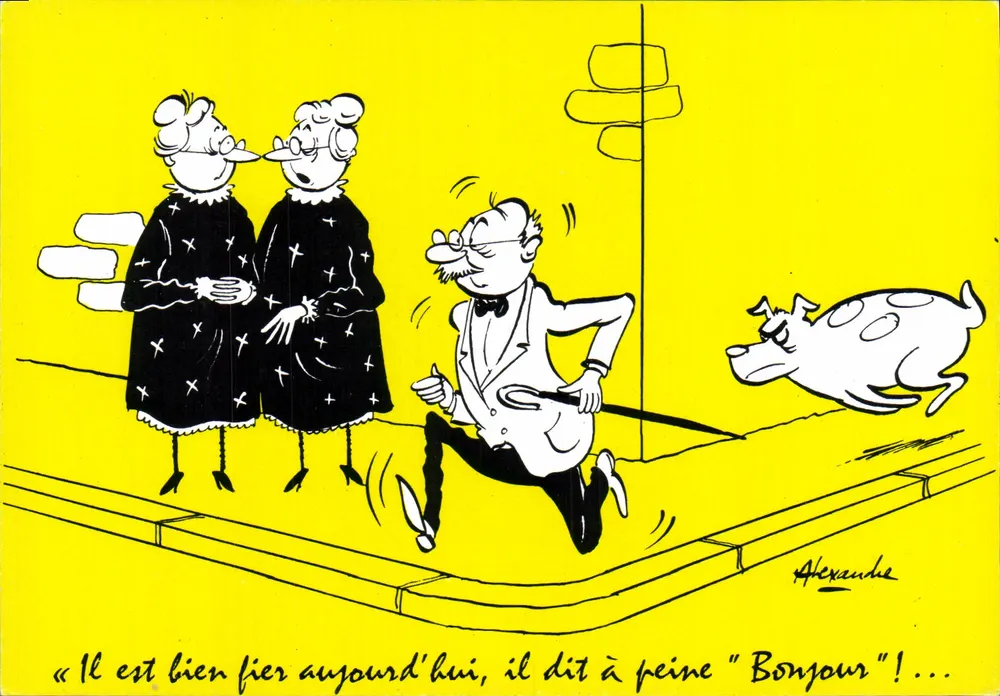Carte postal humorística — desenho de Alexandre — editor Marcel Voyse, Groupe des Humoristes de Presse (S-O) - Frente