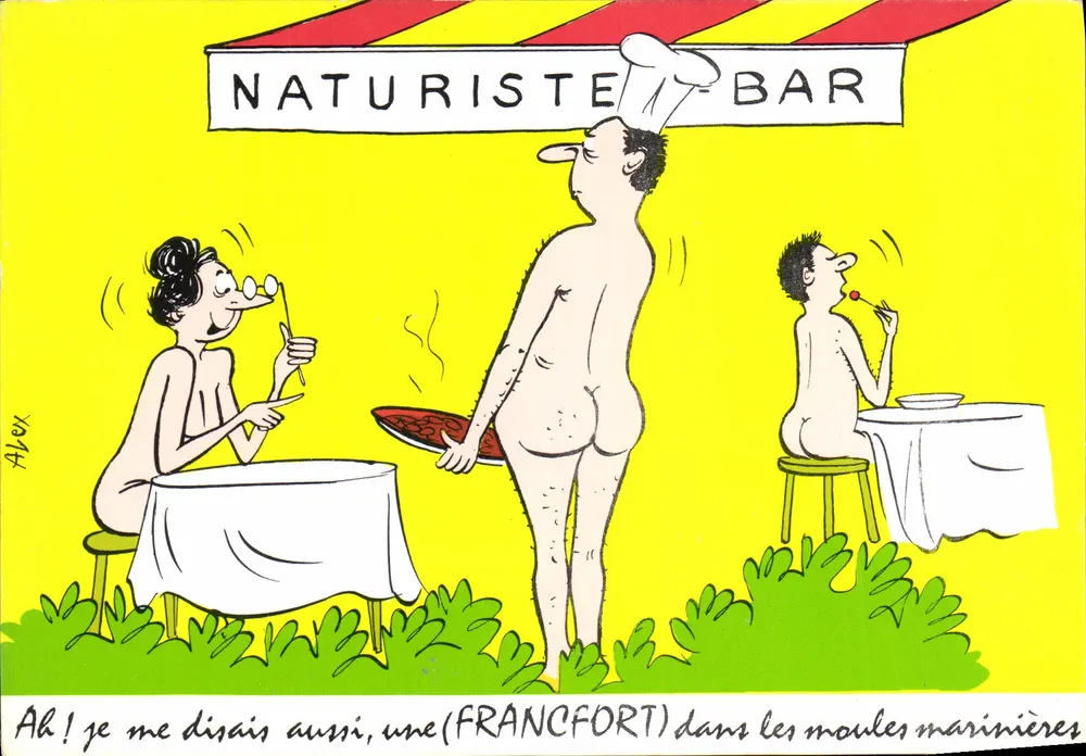 Bar Naturista — caricatura de um chefe nu servindo mariscos — desenho de Alex - Frente