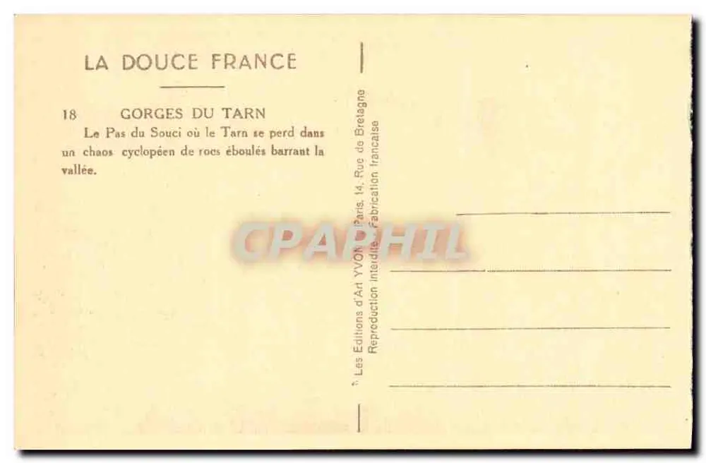Gorges do Tarn — O Passo do Cuidado — Edições de Arte YVON, Paris - Verso