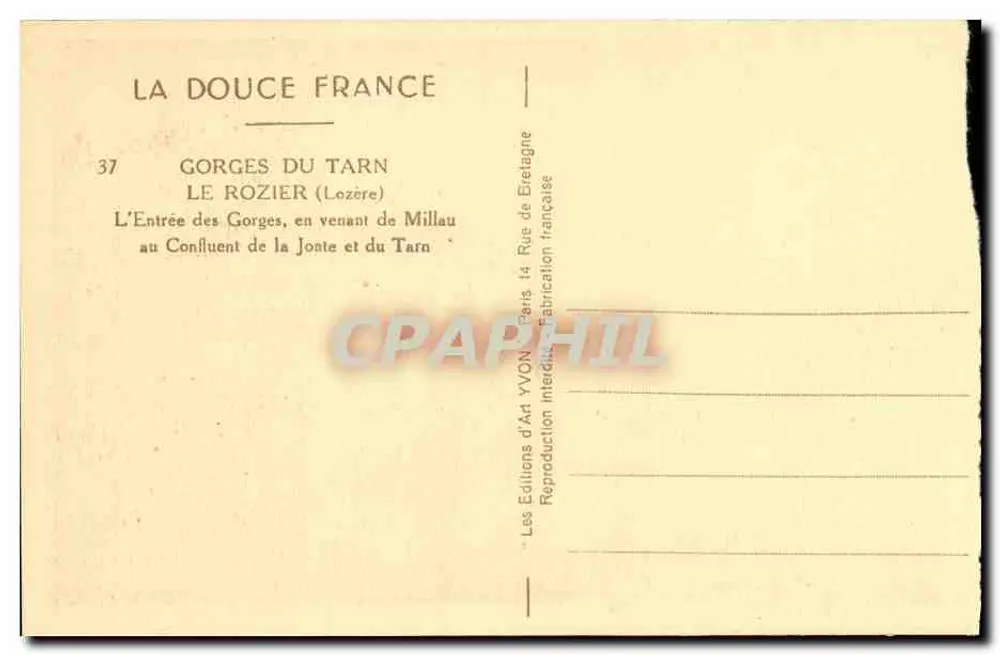 Gorges do Tarn — Entrada das Gorges, vindo de Millau — Éditions d'Art YVON - Verso