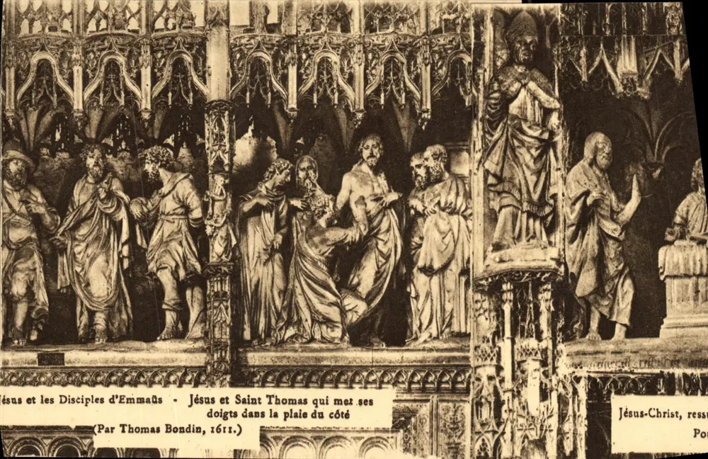 Jesus e os Discípulos de Emaús — Jesus e São Tomé que coloca seus dedos na ferida do lado — Jesus Cristo, ressuscitado — (Por Thomas Bondin, 1611.) - Frente