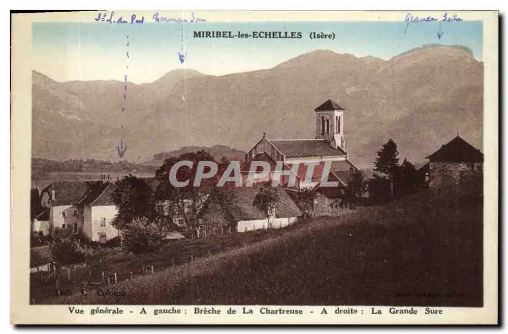 Miribel-les-Echelles (Isère) — Vista generale con chiesa, Brèche de La Chartreuse e La Grande Sure — Editore: E. Cotomb - Recto