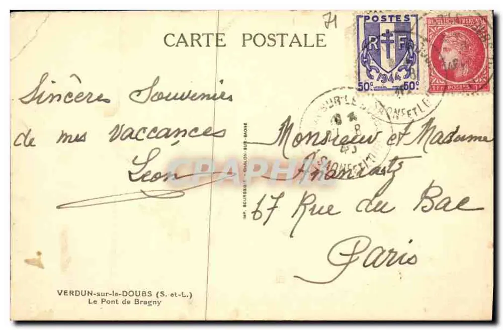 Verdun-sur-le-Doubs — O Ponte de Bragny — Imp. BOURGEOIS - CHALON-SUR-SAÔNE - Verso