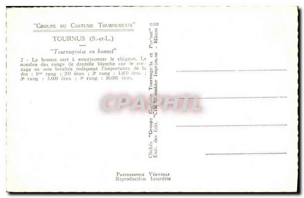 Mulher em traje tournugeois — Tournus (S.-et-L.) — Groupe du Costume Tournugeois - Verso