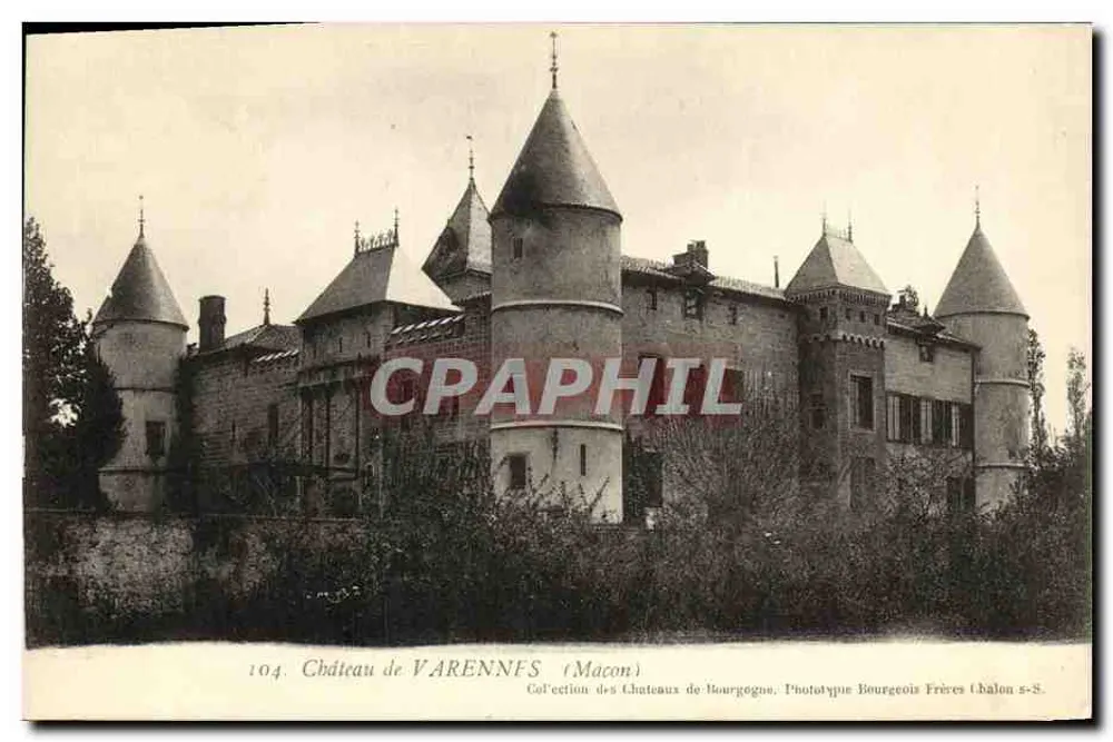 Château de Varennes — vue du château avec plusieurs tours coniques — Phototype Bourgeois Frères (Mâcon) n°104 - Frente