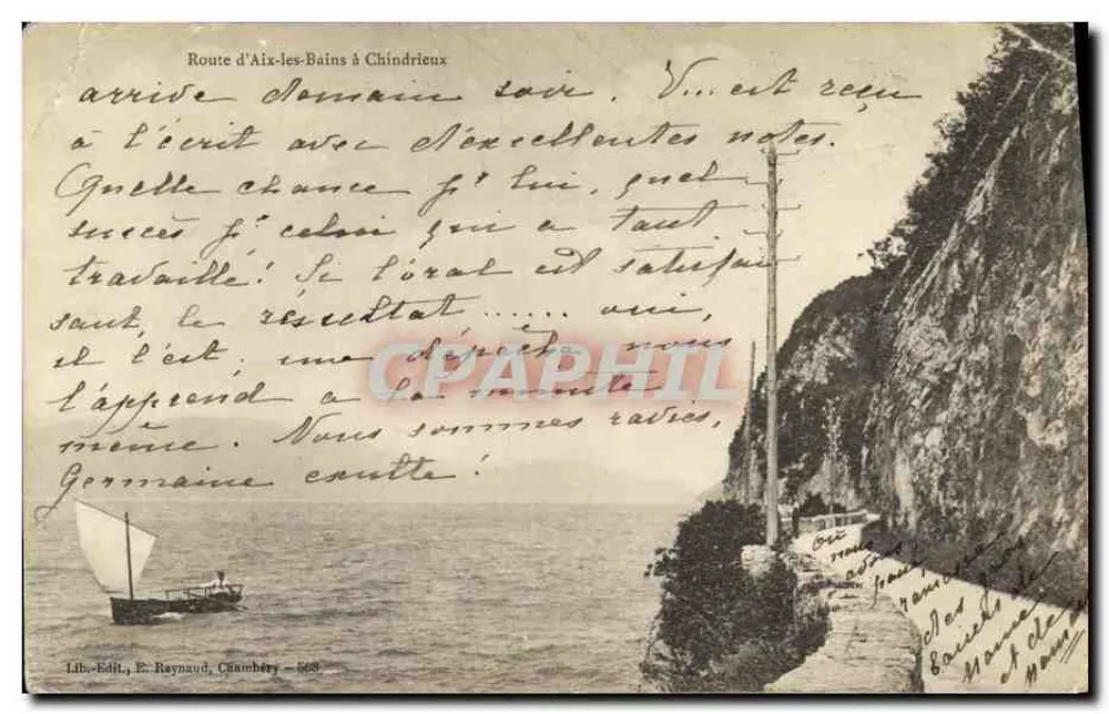 Route d'Aix-les-Bains à Chindrieux — vue de la côte avec un voilier — Lib.-Édit. E. Reynaud, Chambéry — n° 668 - Frente