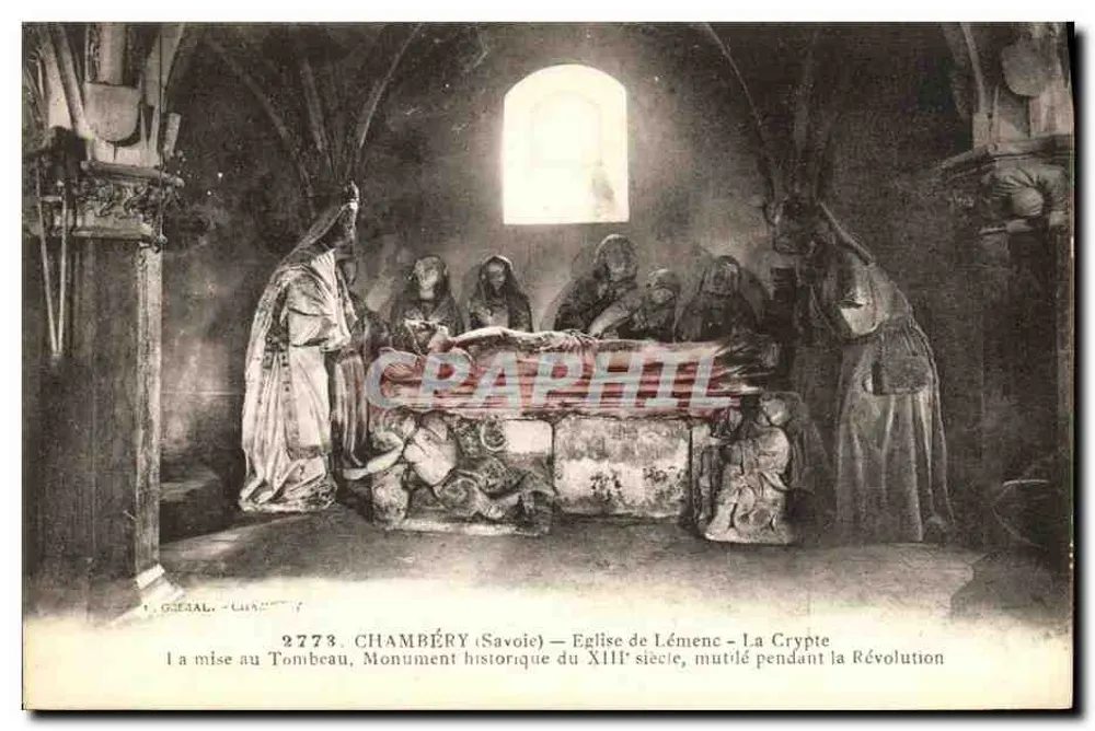 Chambéry (Savoie) — Kirche von Lémenc, Die Krypta — Das Begräbnis im Sarg, Historisches Denkmal des 13. Jahrhunderts, während der Revolution beschädigt - Vorderseite