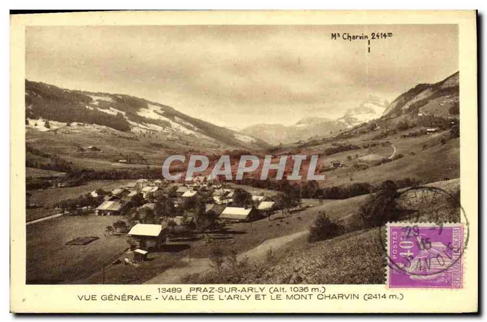 Praz-sur-Arly — Allgemeine Ansicht — Tal der Arly und der Mont Charvin (2414 m) — Verlag Réaclin & Cie, n° 13489 - Vorderseite
