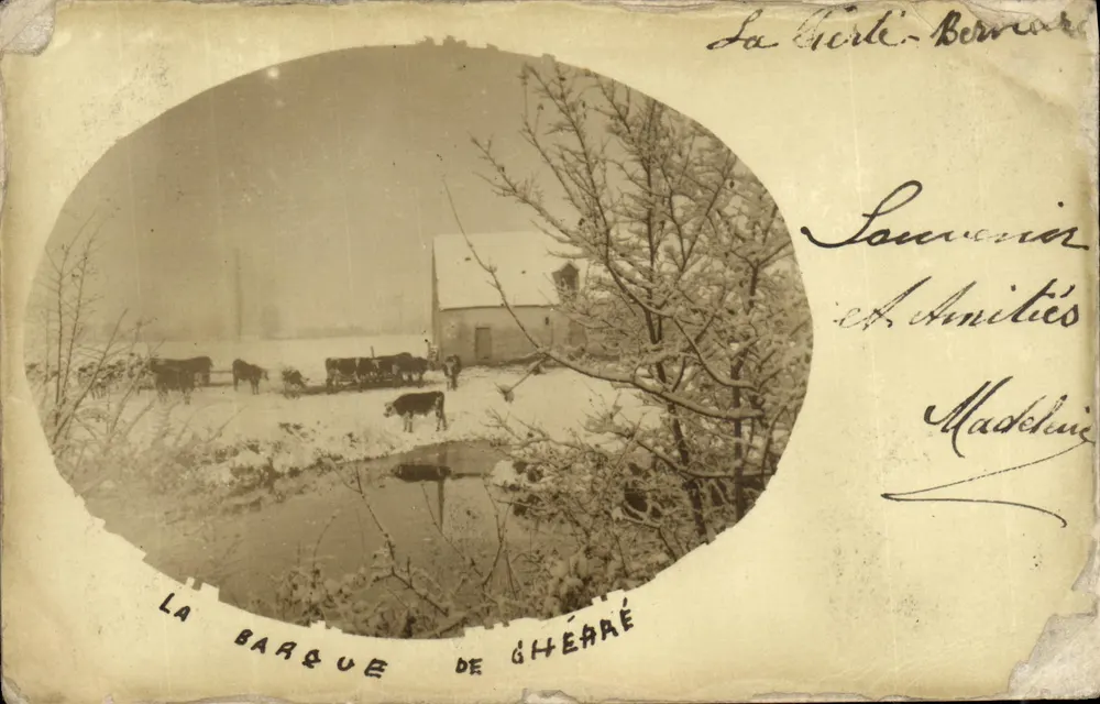 Die Barque de Ghéarré — winterliche Szene mit Kühen und Wagen — Verleger La Girli. Bernard - Vorderseite