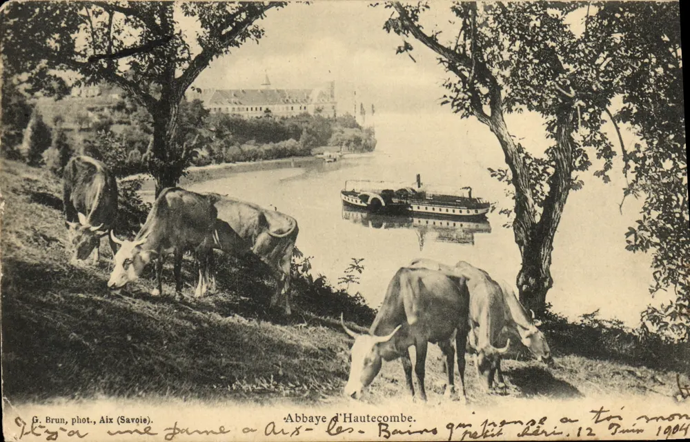 Vaches paissant près de l'abbaye d'Haute-combe — vue de la rivière avec bateau — éditeur G. Brun, phot., Aix (Savoie), n° 9 petit série - Frente