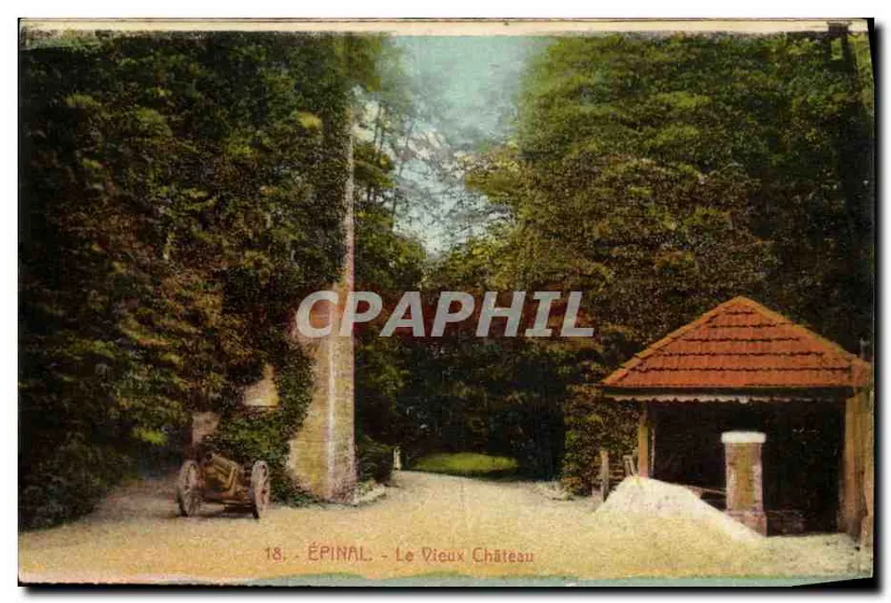 Épinal - O Velho Castelo — vista do parque com carrinho de mão e quiosque — P. Bonneur, Épinal, n°18 - Frente