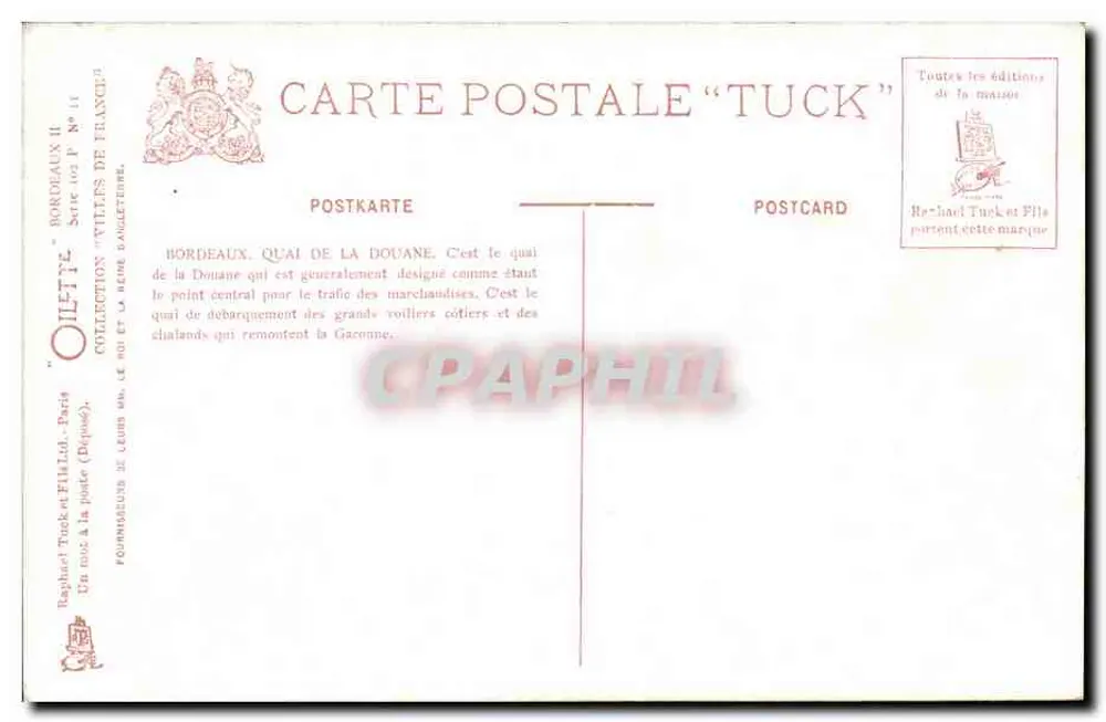 Bordeaux. Kade van de Douane — uitzicht op de haven met zeilschepen — uitgever Tuck & Co. - Achterkant
