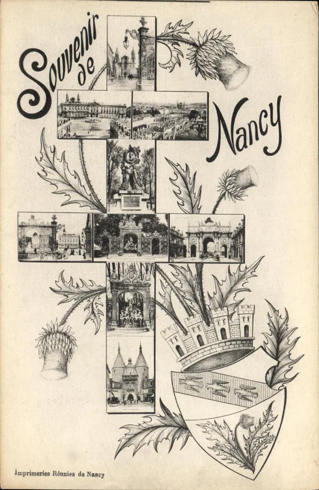 Souvenir de Nancy — vista panorâmica e monumentos — Imprimeries Rénnies de Nancy - Frente