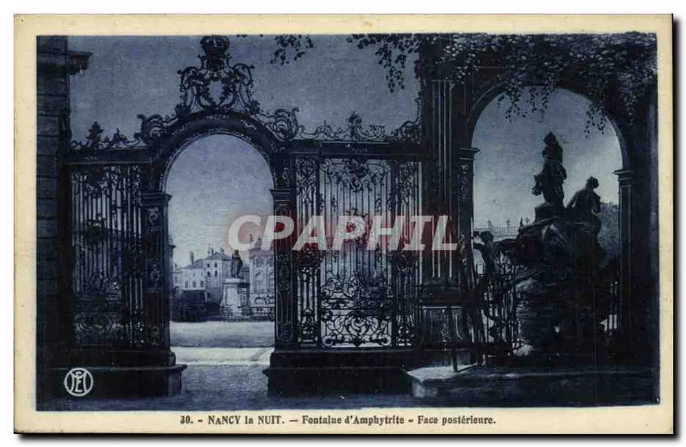 Nancy in der Nacht — Fontaine d'Amphitrite — Rückseite — Verlag J. L. M. (Logo) — Nr. 30 - Vorderseite