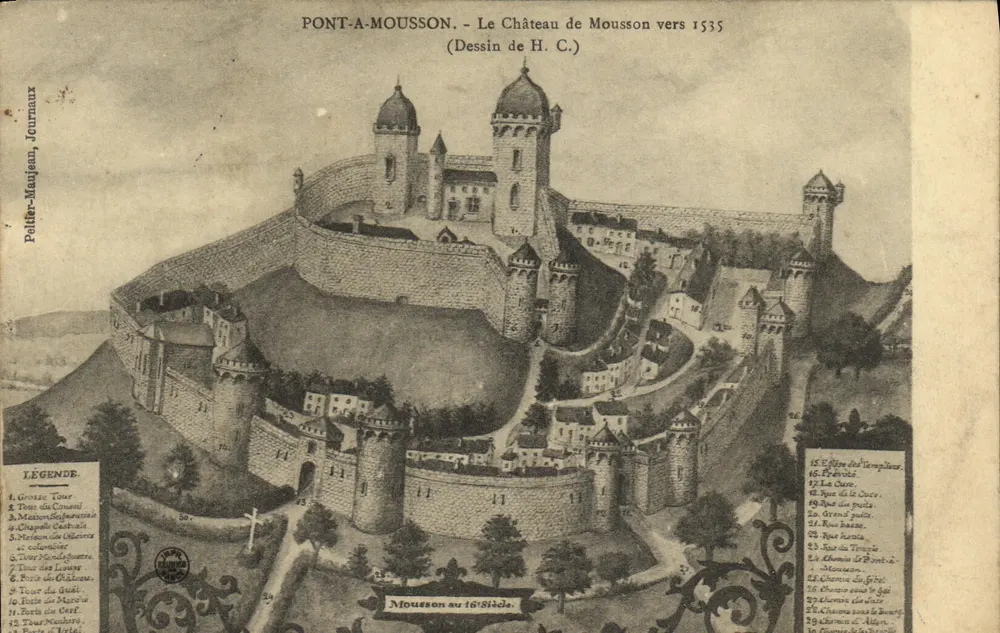 Pont-a-Mousson — O Castelo de Mousson por volta de 1535 — Desenho de H. C. — Editor Pellar-Maujean, Journaux - Frente