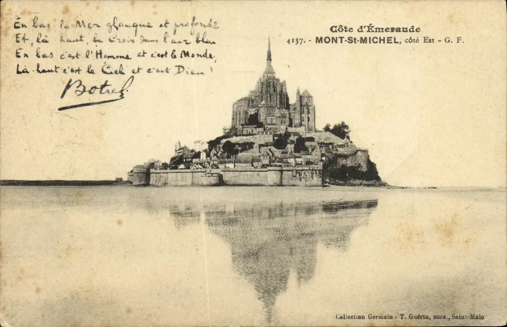 Mont-Saint-Michel — vista do lado Leste — G.F. — Coleção Germain - T. Guérin, Saint-Malo - Frente