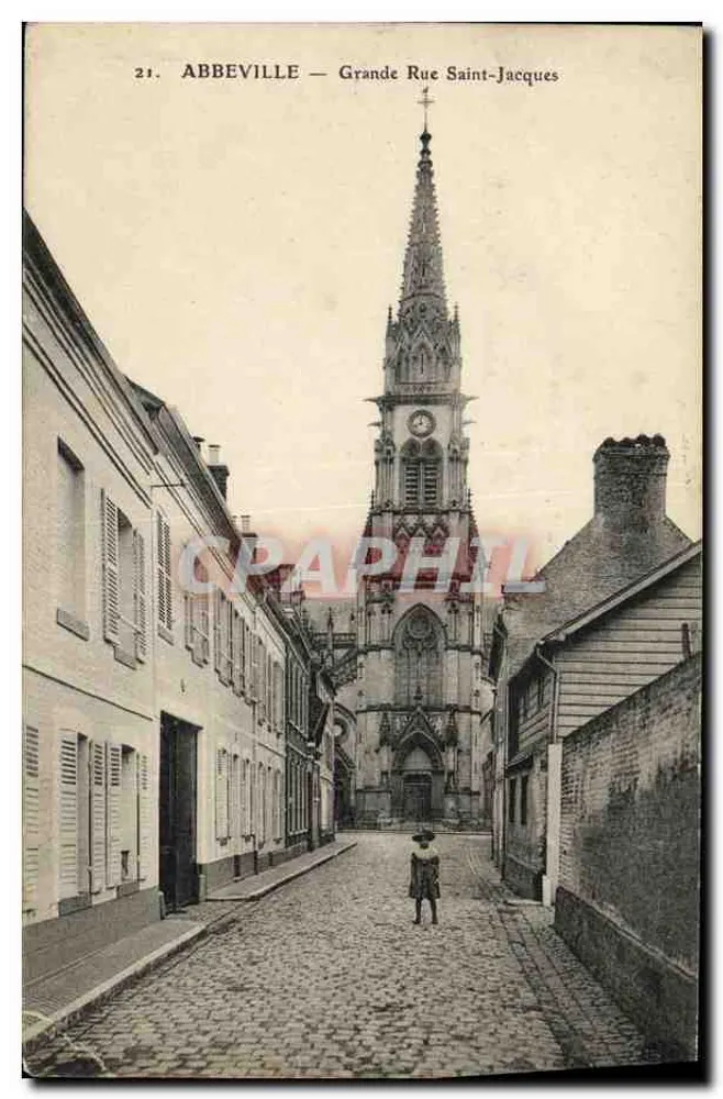 Abbeville — Grande Rue Saint-Jacques avec église — éditeur imprimeur non visible - Frente