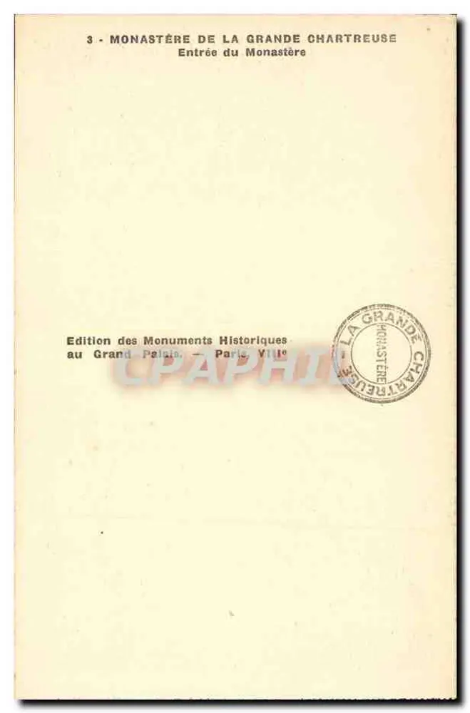 Kloster La Grande Chartreuse — Eingang zum Kloster — Édition des Monuments Historiques, Paris - Rückseite