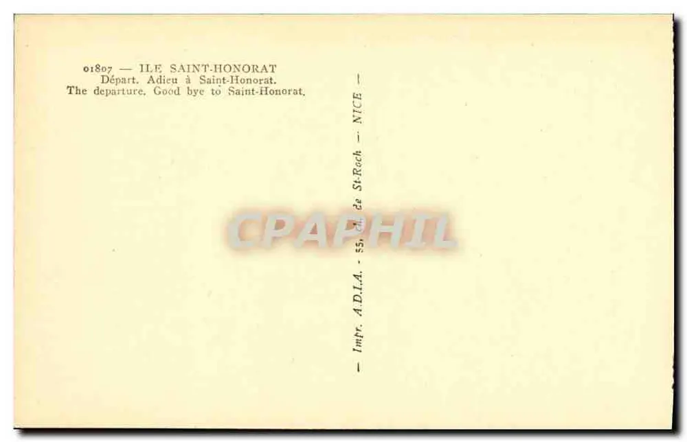 Insel Saint-Honorat — Abreise von Saint-Honorat — Impr. A.D.I.A. - 55, rue St-Roch - NICE - Rückseite