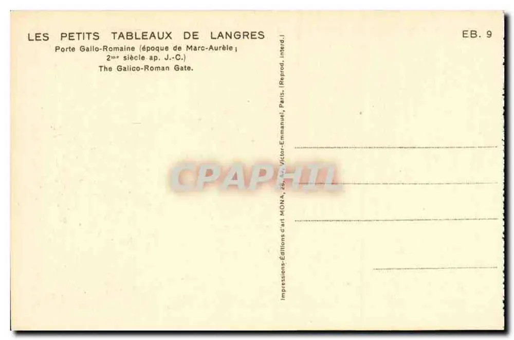 Gallo-Römische Pforte — Langres — Kunstausgabe MONA, Nr. EB.9 - Rückseite