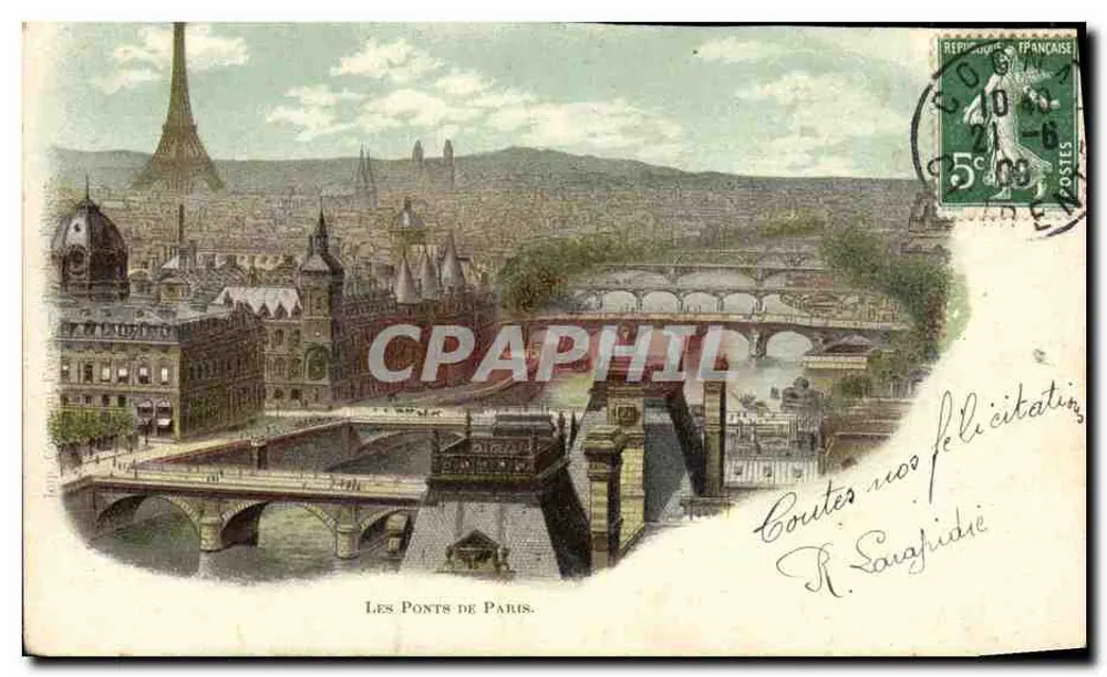Les Ponts de Paris — vue panoramique avec la Tour Eiffel — éditeur BELLE JARDINIÈRES, Paris - Vorderseite