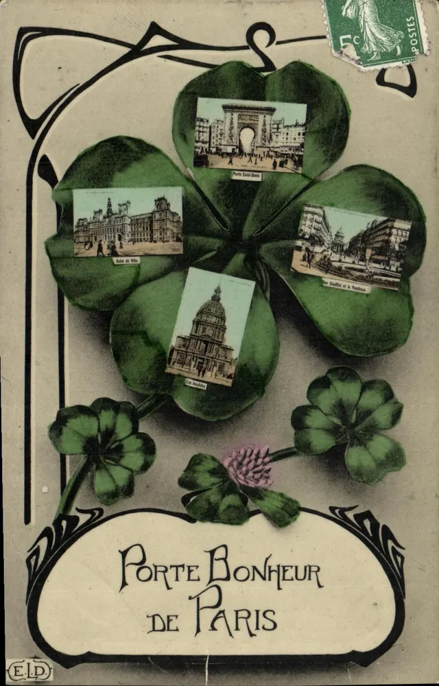 Porte Bonheur de Paris — carte décorée d'un trèfle à quatre feuilles avec quatre vignettes de lieux parisiens (Hôtel de Ville, Arc de Triomphe, Les Invalides, rue Soufflot et la Panthéon) — éditeur E.L.D. - Awers