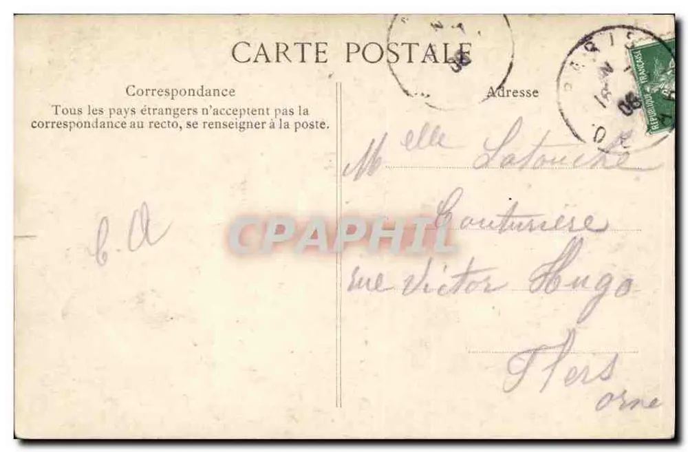 Porte Bonheur de Paris — carte décorée d'un trèfle à quatre feuilles avec quatre vignettes de lieux parisiens (Hôtel de Ville, Arc de Triomphe, Les Invalides, rue Soufflot et la Panthéon) — éditeur E.L.D. - Rewers
