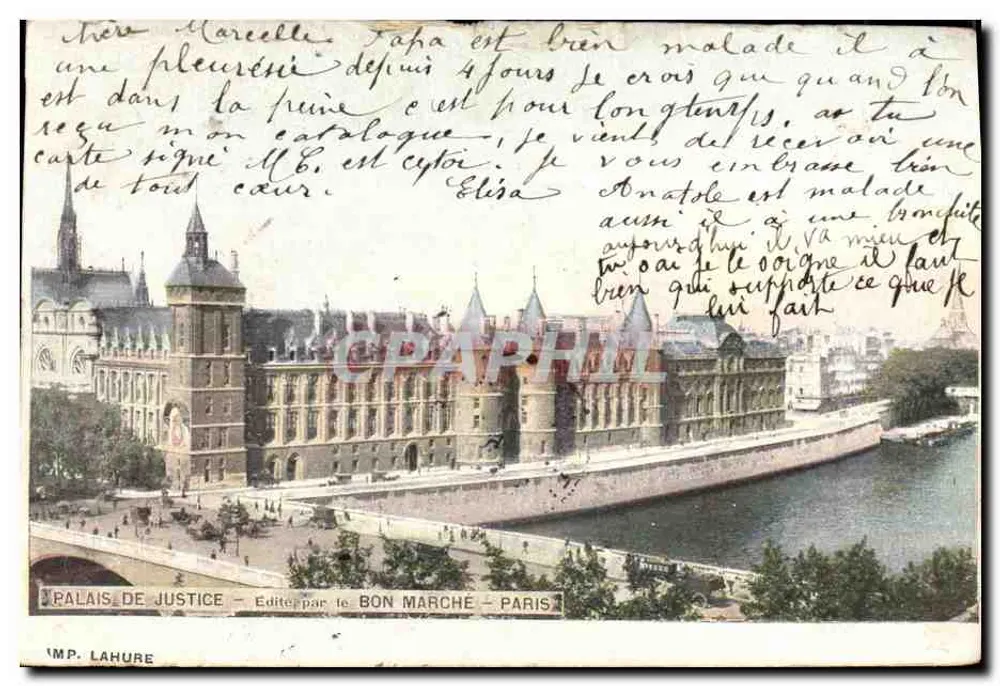 Palais de Justice — vue de la Seine et du pont — éditeur IMP. LAHURE, Paris - Frente