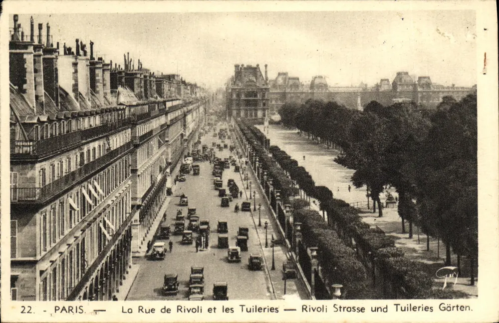 Paris — La Rue de Rivoli und die Tuileries — Rivoli Straße und Tuileries Gärten. — F. J. J. — n° 22 - Vorderseite
