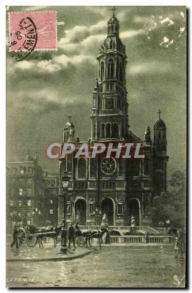La Trinité — église avec clocher et place animée — éditeur Raphael Tuck & Sons, série XV - Recto